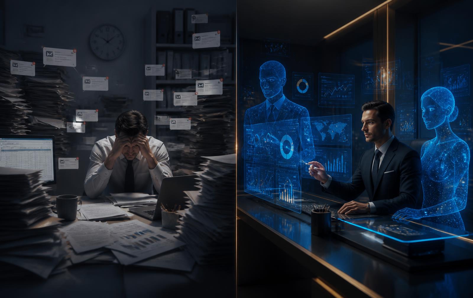 Links administratieve chaos, rechts een AI-ondersteunde digitale werkomgeving